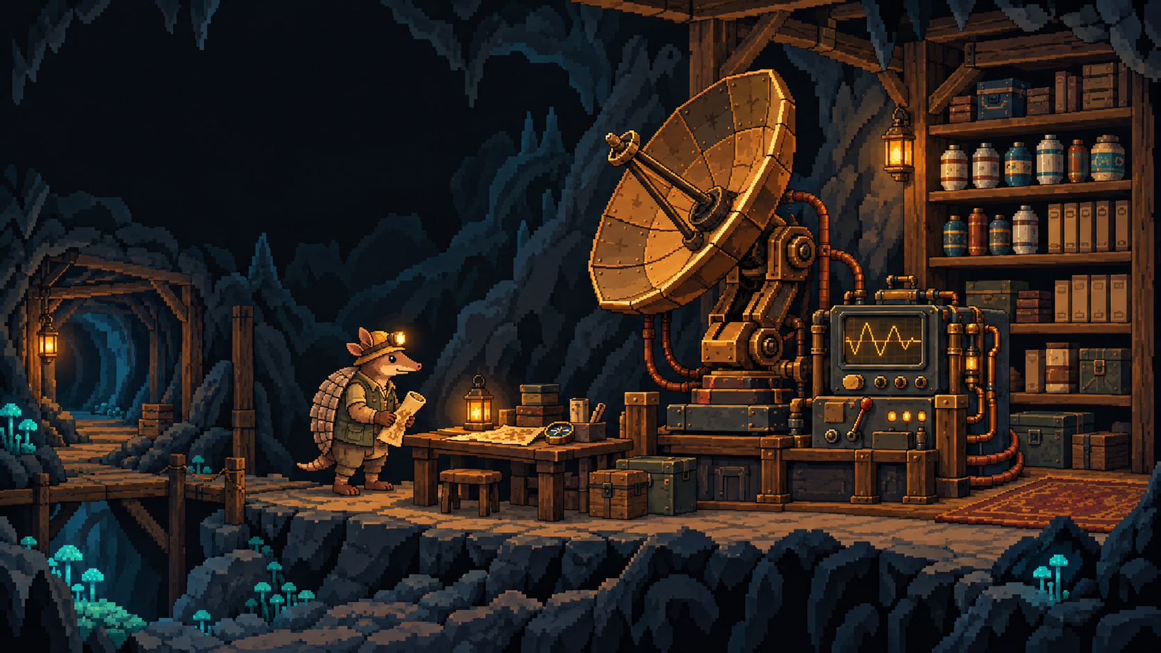 An armadillo explorer with a helmet lamp and a map, standing beside the receiver in a pixel art underground outpost